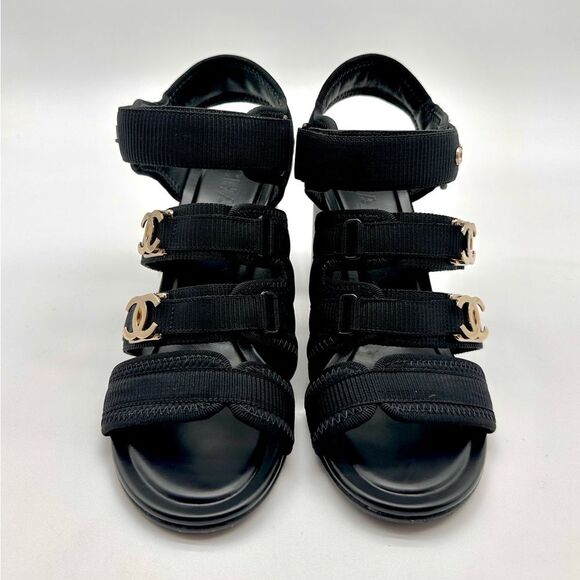 Chanel 24C Gold CHANEL & CC Logo Black Fabric Block Heel Strappy Sandals EU 37 - Picture 3 of 16
